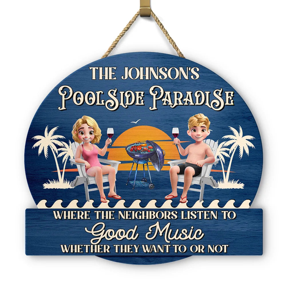 Couple Poolside Paradise Relax Enjoy 3D Effect - Personalized Custom Shaped Wood Sign