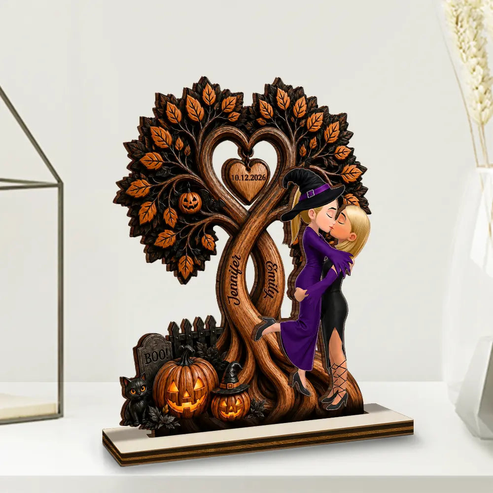 Halloween, Romantic, Gift For Couples, Vector - Couple Standing Halloween Under Heart Tree - Personalized Custom Shaped Wooden Plaque