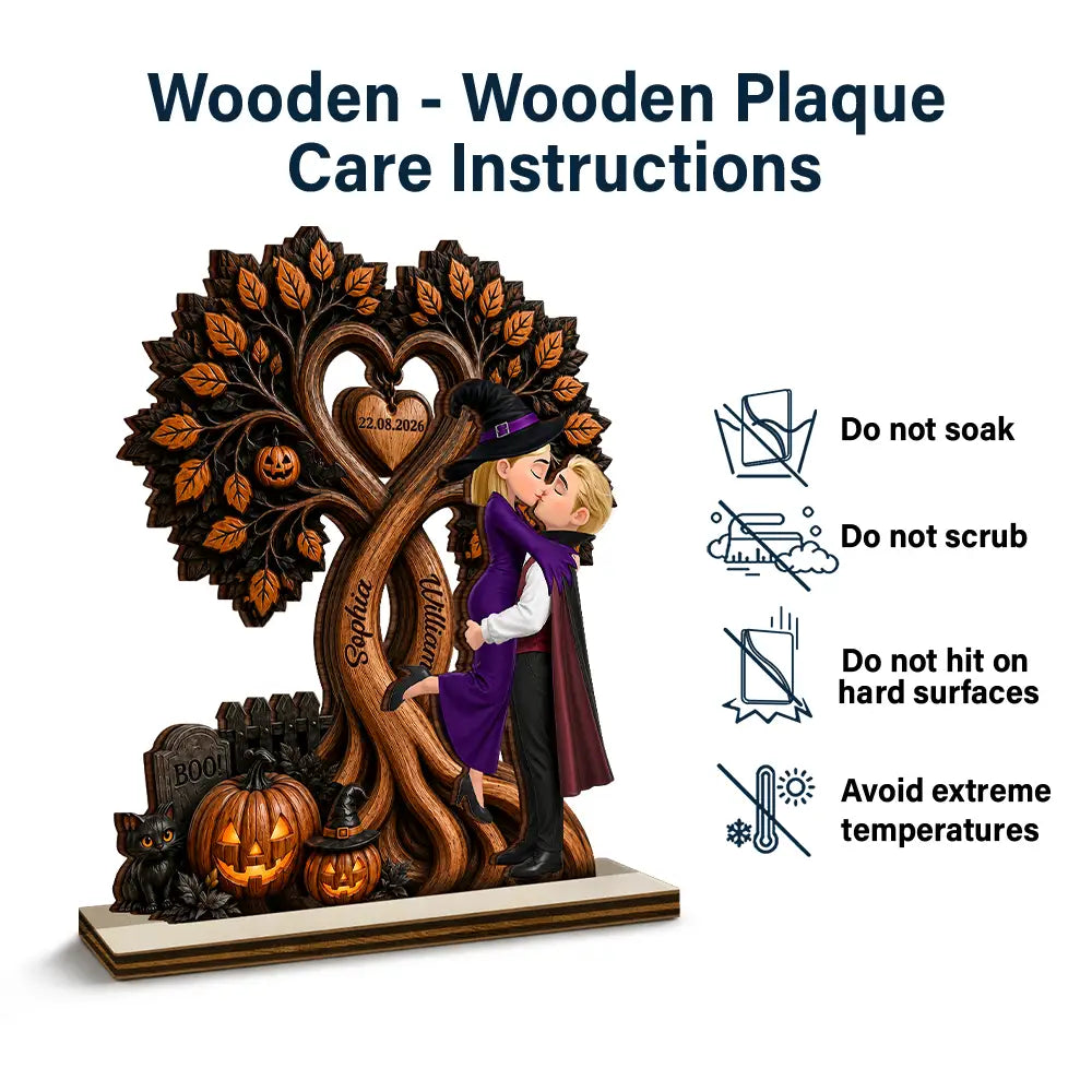 Halloween, Romantic, Gift For Couples, Vector - Couple Standing Halloween Under Heart Tree - Personalized Custom Shaped Wooden Plaque
