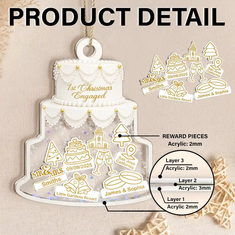 Christmas,Married Couple,Romantic,Gift For Couples,Icon - Couple Wedding Cake Bride & Groom - Personalized 3-Layered Acrylic Shaker Ornament