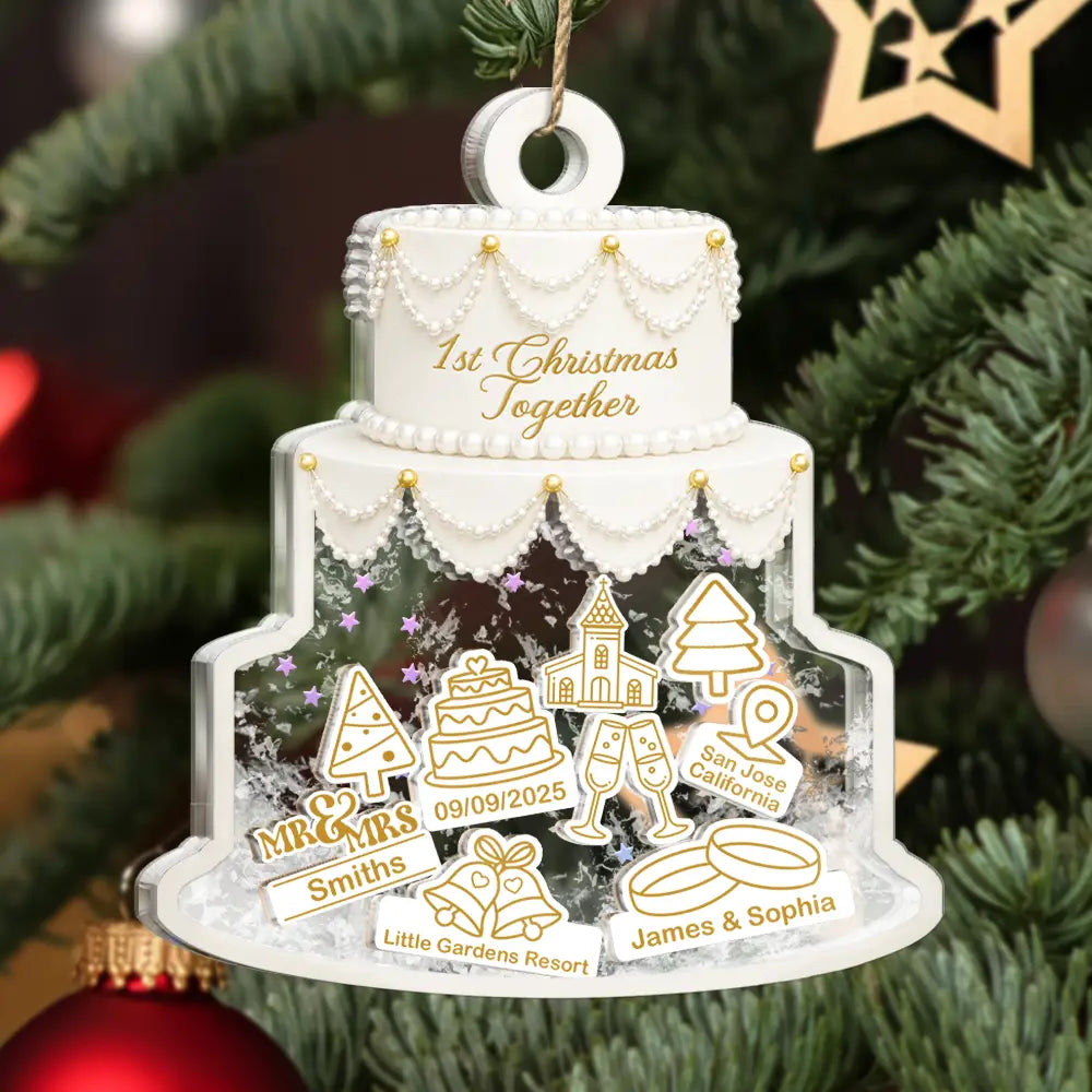 Christmas,Married Couple,Romantic,Gift For Couples,Icon - Couple Wedding Cake Bride & Groom - Personalized 3-Layered Acrylic Shaker Ornament