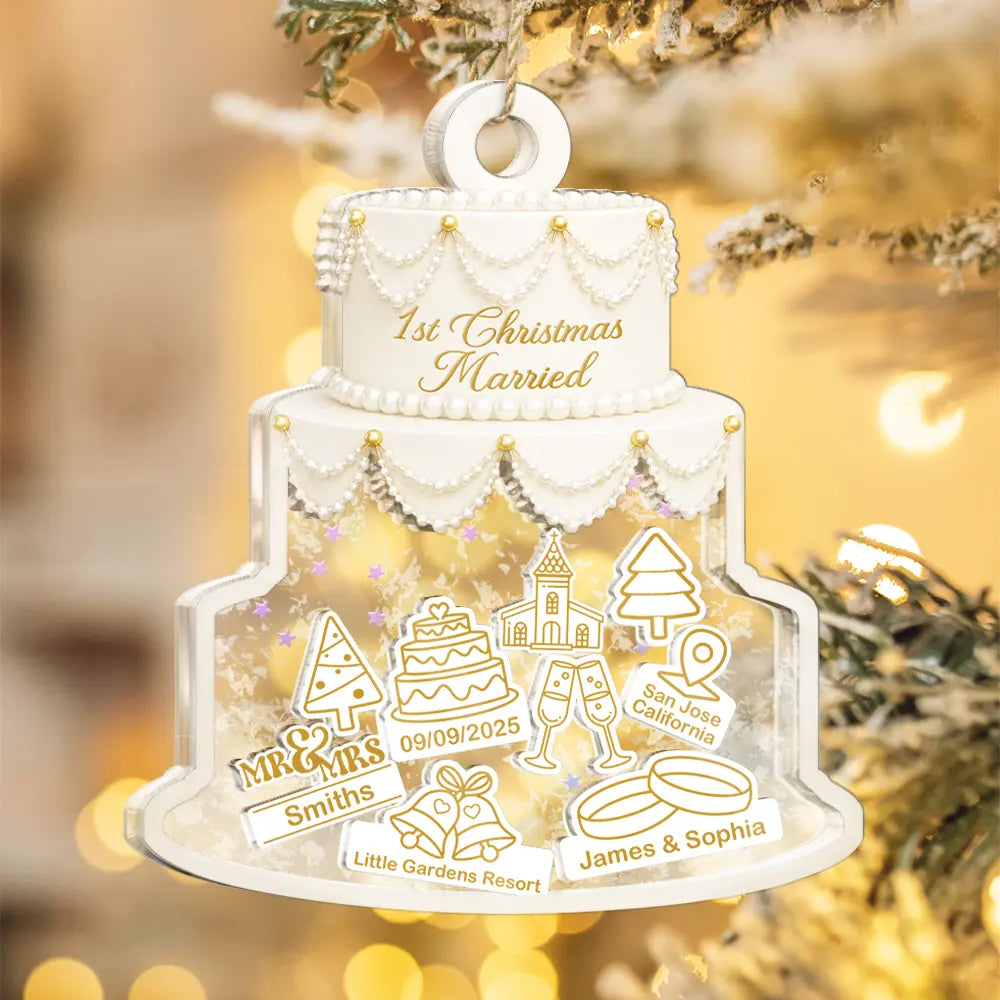 Christmas,Married Couple,Romantic,Gift For Couples,Icon - Couple Wedding Cake Bride & Groom - Personalized 3-Layered Acrylic Shaker Ornament