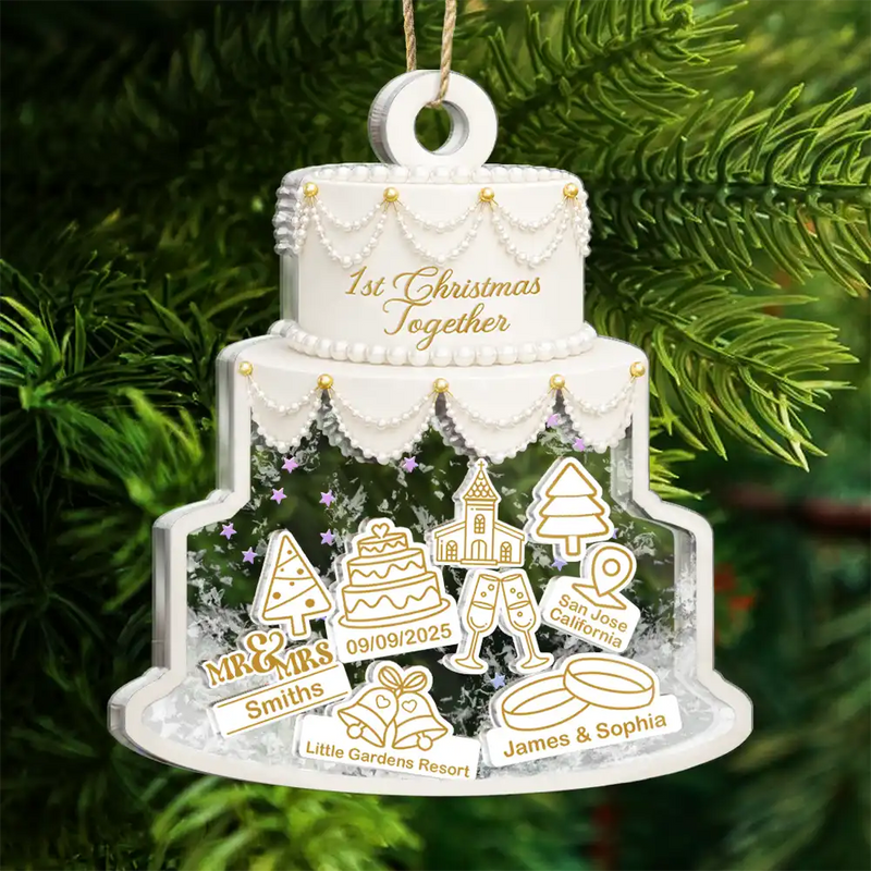Christmas,Married Couple,Romantic,Gift For Couples,Icon - Couple Wedding Cake Bride & Groom - Personalized 3-Layered Acrylic Shaker Ornament