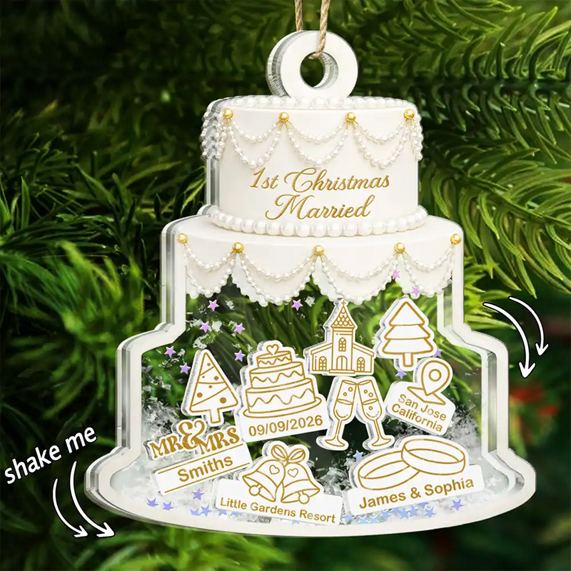 Christmas,Married Couple,Romantic,Gift For Couples,Icon - Couple Wedding Cake Bride & Groom - Personalized 3-Layered Acrylic Shaker Ornament