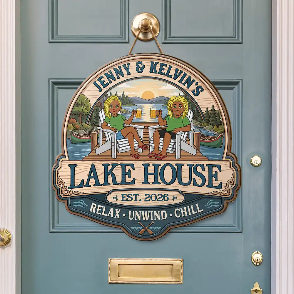 Outdoor Decor,Lake,Gift For Couples,Vector,Happy - Couple Welcome To Our Lake House - Personalized Custom Shaped Wood Sign
