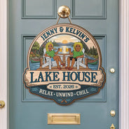 Outdoor Decor,Lake,Gift For Couples,Vector,Happy - Couple Welcome To Our Lake House - Personalized Custom Shaped Wood Sign