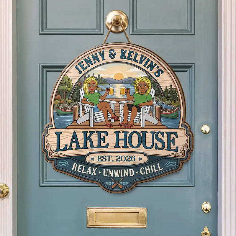 Outdoor Decor,Lake,Gift For Couples,Vector,Happy - Couple Welcome To Our Lake House - Personalized Custom Shaped Wood Sign