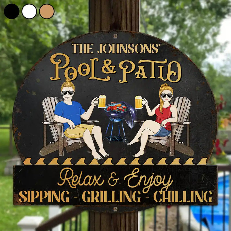Gift For Couples,Gift For Husband,Gift For Wife,Gift For Boyfriend,Gift For Girlfriend,Patio,Grilling,Happy,Non-Eng,Vector - Couple Outdoor Decor Relax & Enjoy - Personalised Custom Shaped Metal Sign