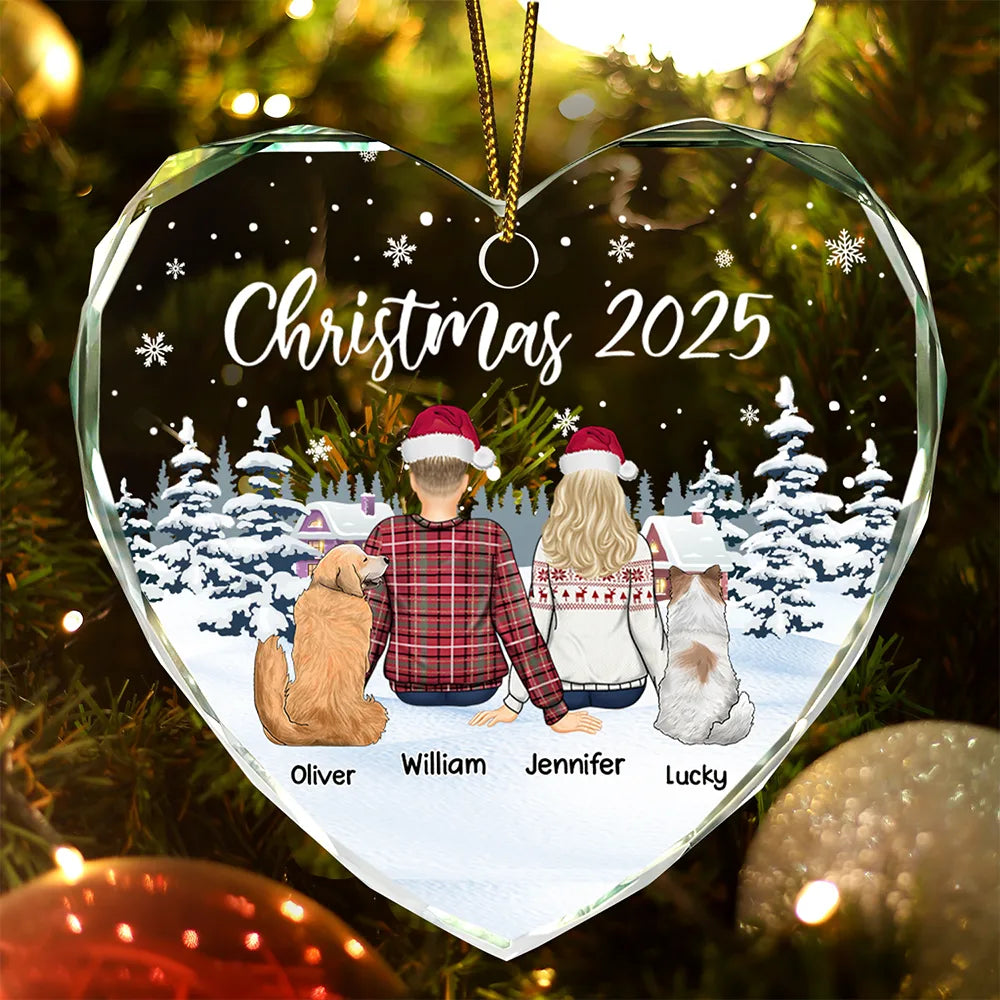 Couple & Pets Christmas - Personalized Heart Shaped Glass Ornament