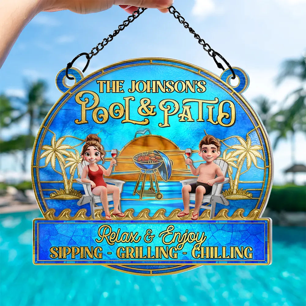 Couple Poolside Paradise Relax Enjoy Stained Glass Effect - Personalized Window Hanging Suncatcher Ornament