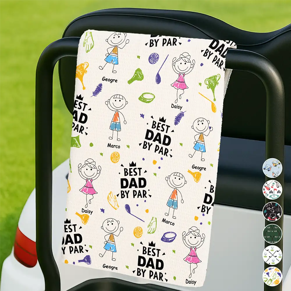 Gift For Father,Gift For Grandpa,Funny,Dad's Hobby,Grandpa's Hobby,Golf,Non-Eng,Icon - Crayon Kids Doodle Child Drawing Best Dad Grandad By Par - Personalized Golf Towel