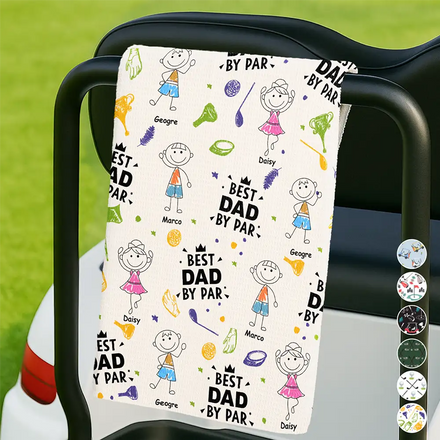 Crayon Kids Doodle Child Drawing Best Dad Grandad By Par - Personalized Golf Towel