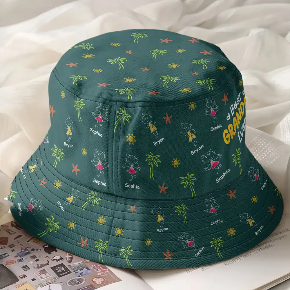 Gift For Father,Beach,Summer,Adorable,Icon - Crayon Kids Doodle Child Drawing Best Dad Grandpa Ever - Personalized Bucket Hat