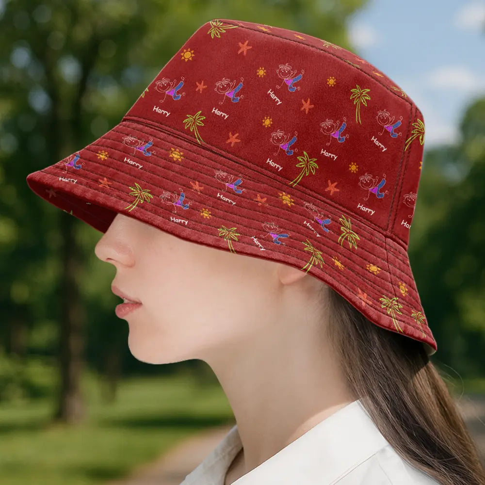 Gift For Father,Beach,Summer,Adorable,Icon - Crayon Kids Doodle Child Drawing Best Dad Grandpa Ever - Personalized Bucket Hat