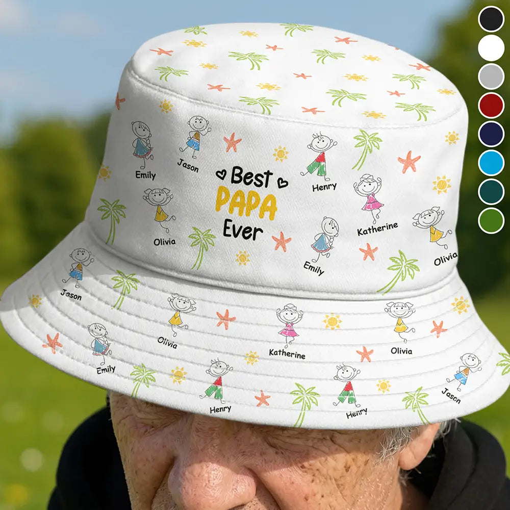 Gift For Father,Beach,Summer,Adorable,Icon - Crayon Kids Doodle Child Drawing Best Dad Grandpa Ever - Personalized Bucket Hat