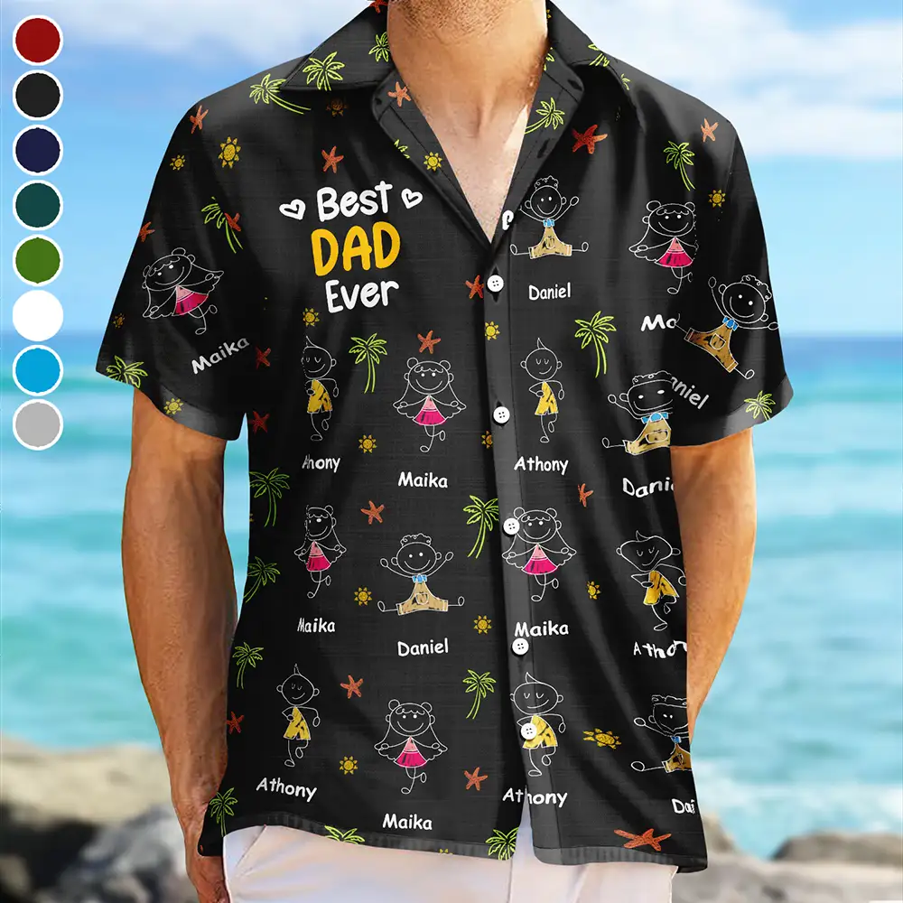 Gift For Father,Gift For Grandpa,Funny,Non-Eng,Icon,Humorous - Crayon Kids Doodle Child Drawing Best Dad Grandpa Ever - Personalized Hawaiian Shirt