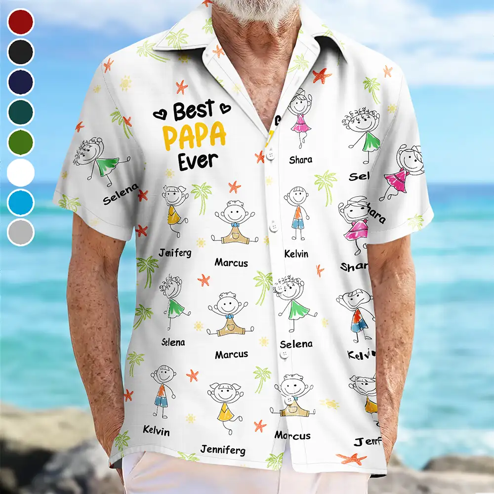 Gift For Father,Gift For Grandpa,Funny,Non-Eng,Icon,Humorous - Crayon Kids Doodle Child Drawing Best Dad Grandpa Ever - Personalized Hawaiian Shirt
