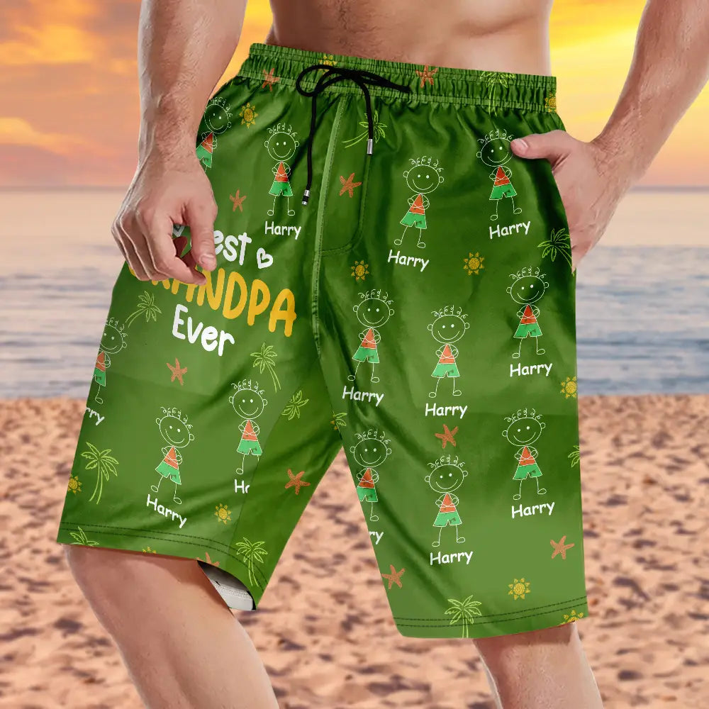 Gift For Father,Gift For Grandpa,Summer,Non-Eng,Icon,Adorable - Crayon Kids Doodle Child Drawing Best Dad Grandpa Ever - Personalized Unisex Beach Shorts