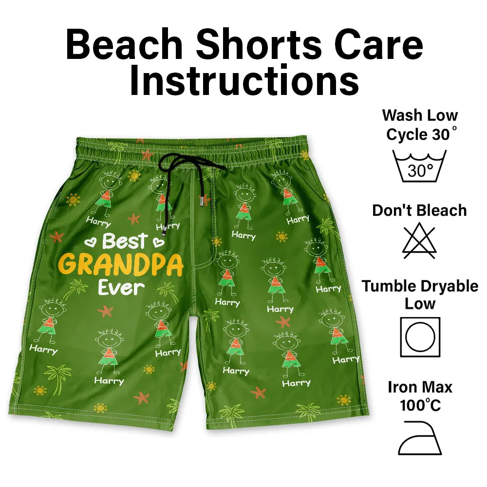 Gift For Father,Gift For Grandpa,Summer,Non-Eng,Icon,Adorable - Crayon Kids Doodle Child Drawing Best Dad Grandpa Ever - Personalized Unisex Beach Shorts