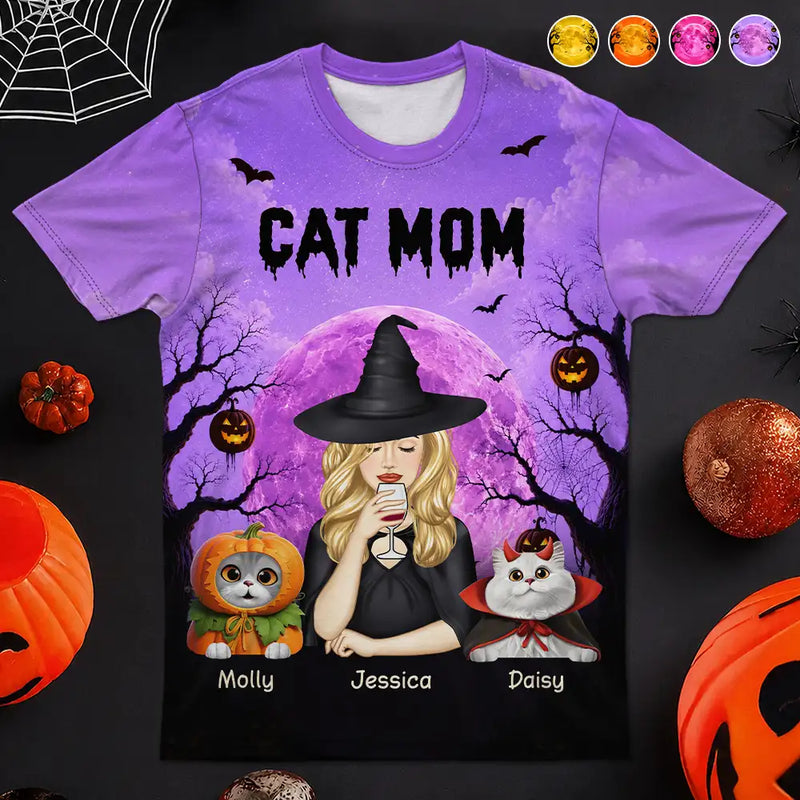 Playful, Halloween, Cat Mom, Gift For Mother, Pet Lovers, Vector - Cat Mom Halloween Witchy Cat Lovers - Personalized Full Print T Shirt