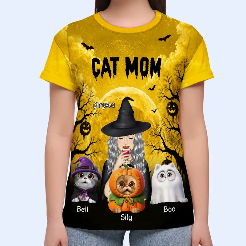 Playful, Halloween, Cat Mom, Gift For Mother, Pet Lovers, Vector - Cat Mom Halloween Witchy Cat Lovers - Personalized Full Print T Shirt