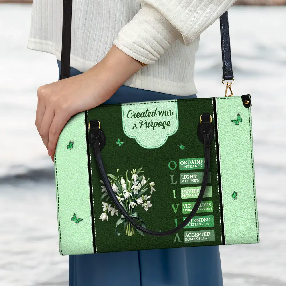 Gift For Wife,Gift For Girlfriend,Gift For Yourself,Gift For Women,Gift For Aunt,Gift For Mother,Gift For Grandma,Gift For Daughter,Gift For Sisters,Gift For Bestie,Happy,Christian - Created With A Purpose Birth Month Flower - Personalized Leather Bag