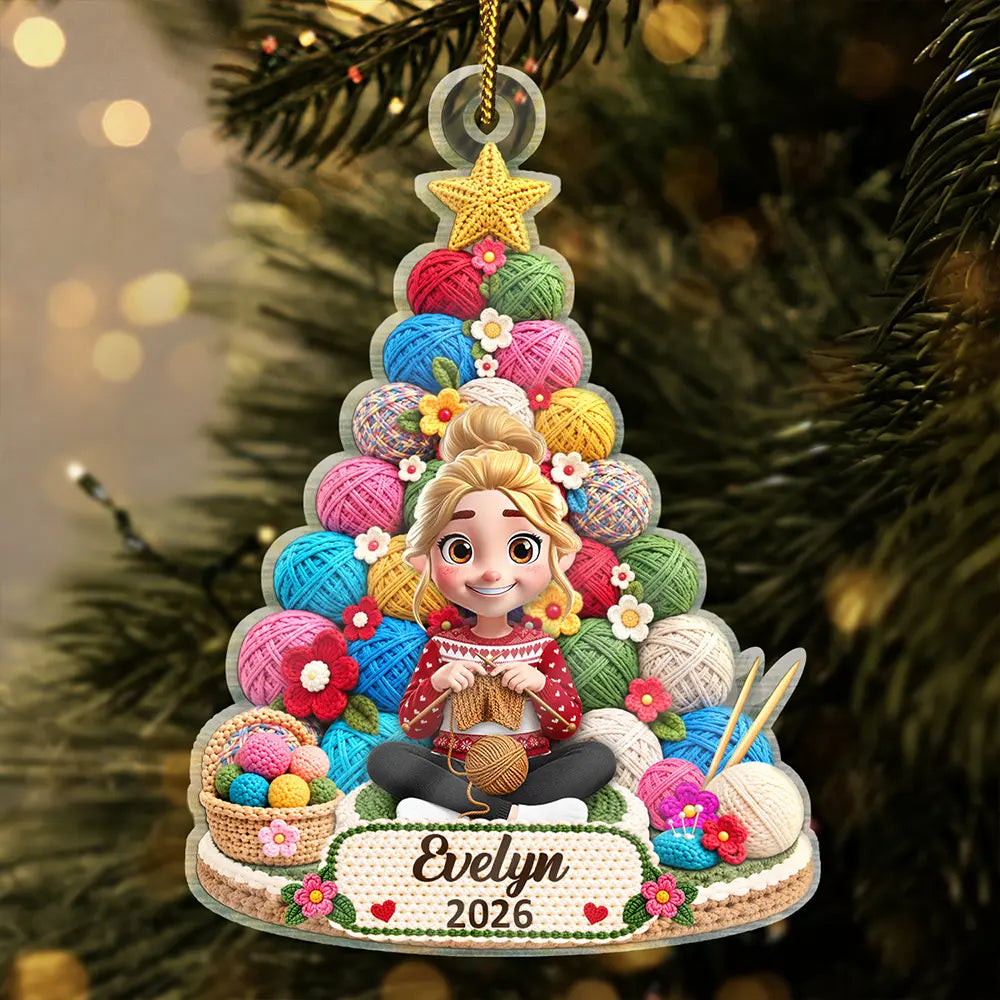 Christmas,Crocheting,Cozy,Gift For Yourself,Gift For Women,Vector - Crocheting Knitting Woman Sitting By Yarn Christmas Tree - Personalized Custom Shaped Acrylic Ornament