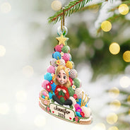 Christmas,Crocheting,Cozy,Gift For Yourself,Gift For Women,Vector - Crocheting Knitting Woman Sitting By Yarn Christmas Tree - Personalized Custom Shaped Acrylic Ornament
