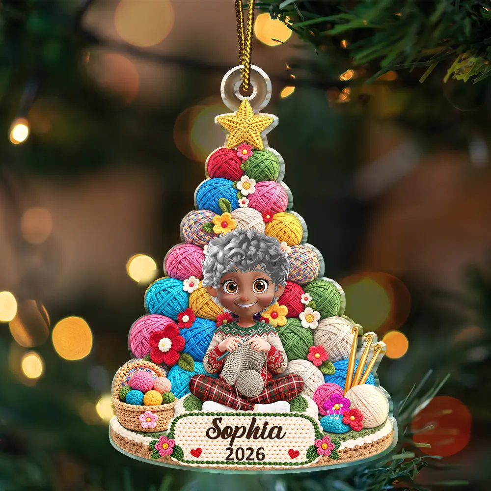 Christmas,Crocheting,Cozy,Gift For Yourself,Gift For Women,Vector - Crocheting Knitting Woman Sitting By Yarn Christmas Tree - Personalized Custom Shaped Acrylic Ornament