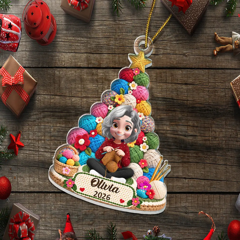 Christmas,Crocheting,Cozy,Gift For Yourself,Gift For Women,Vector - Crocheting Knitting Woman Sitting By Yarn Christmas Tree - Personalized Custom Shaped Acrylic Ornament