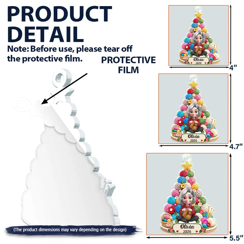 Christmas,Crocheting,Cozy,Gift For Yourself,Gift For Women,Vector - Crocheting Knitting Woman Sitting By Yarn Christmas Tree - Personalized Custom Shaped Acrylic Ornament