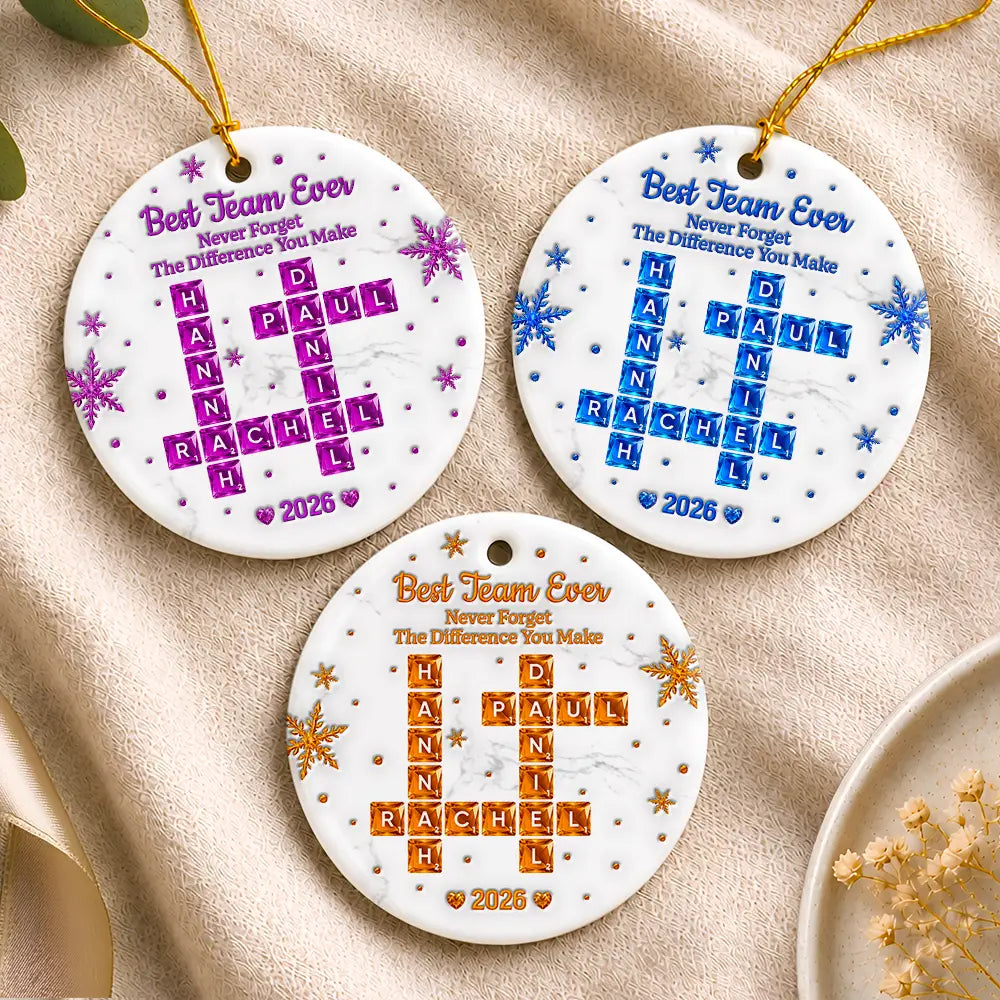 Grateful,Gift For Colleagues,Christmas,Crossword - Crossword 3D Inflated Effect Best Team Ever Never Forget The Difference You Make - Personalized Circle Ceramic Ornament