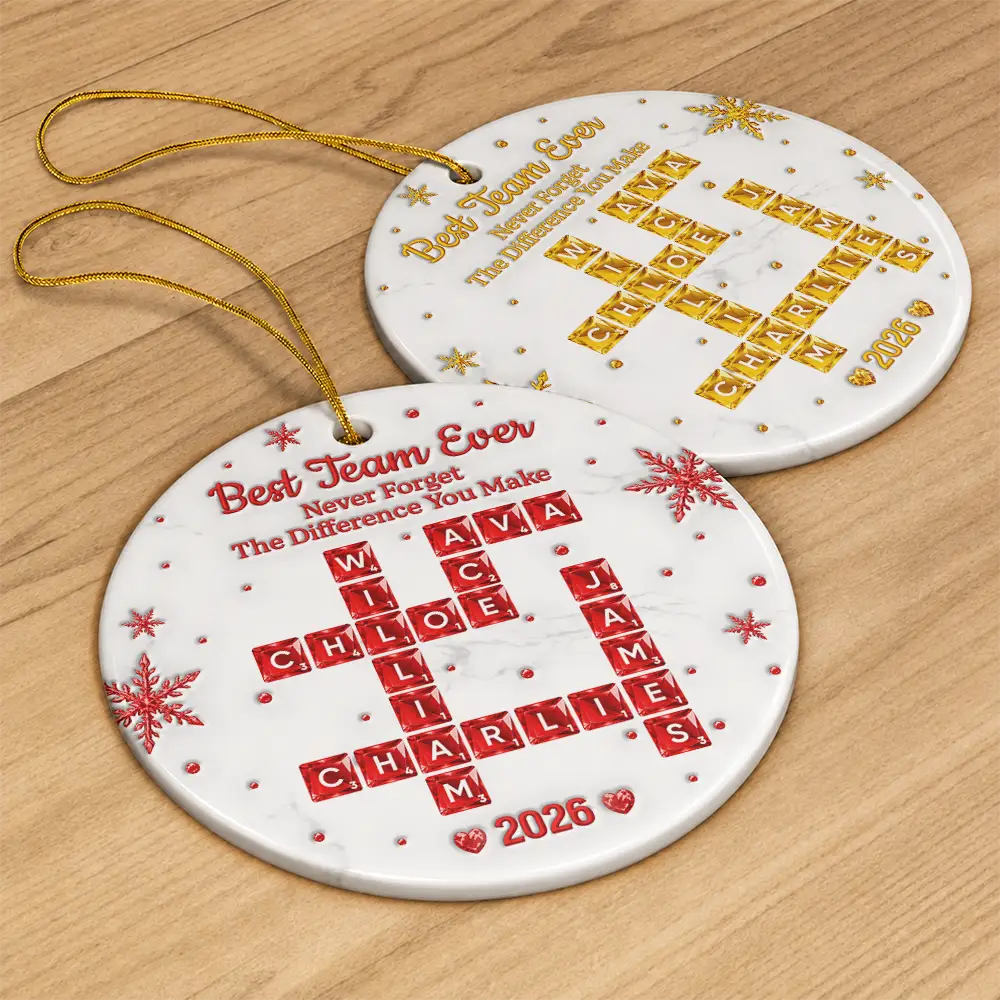 Grateful,Gift For Colleagues,Christmas,Crossword - Crossword 3D Inflated Effect Best Team Ever Never Forget The Difference You Make - Personalized Circle Ceramic Ornament