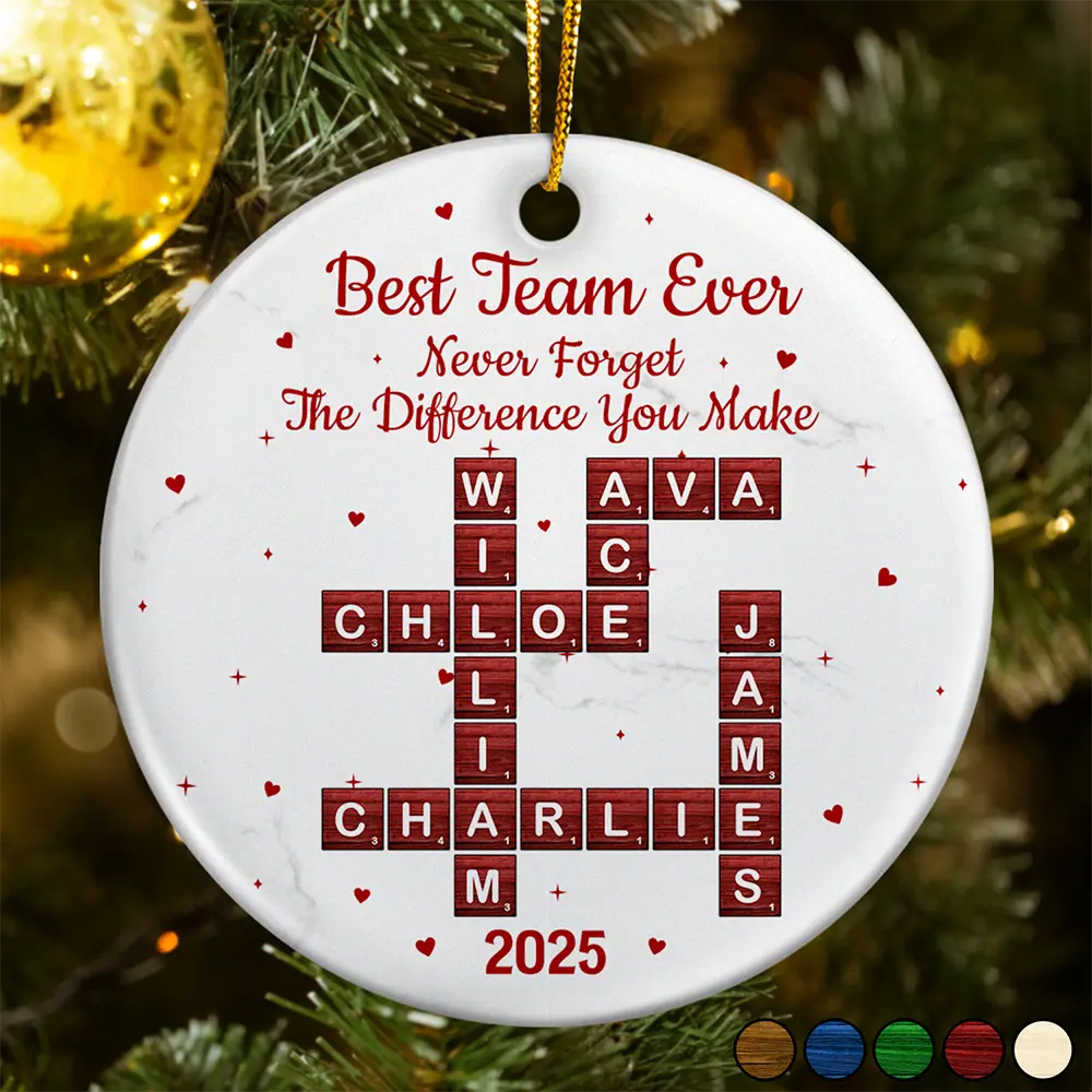 Gifts For Colleagues, Happy, Christmas - Crossword Best Team Ever - Personalized Circle Ceramic Ornament