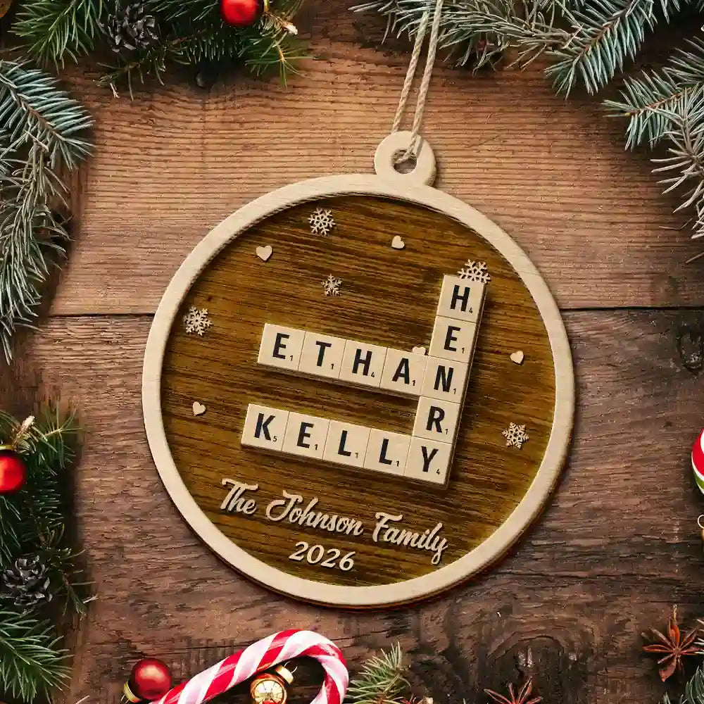 Family, Parents, Gift For Grandparents, Gift For Kids, Gift For Grandkids, Happy, Christmas, Top Market, Non-Eng - Crossword Christmas Family Name - Personalized 2-Layered Wooden Ornament