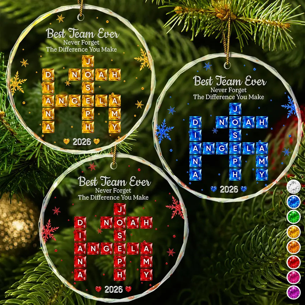 Grateful,Gift For Colleagues,Christmas,Crossword - Crossword Crystal Effect Best Team Ever Never Forget The Difference You Make - Personalized Circle Glass Ornament