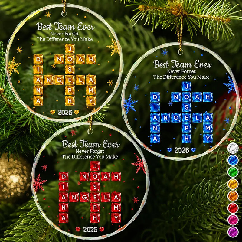 Grateful,Gift For Colleagues,Christmas,Crossword - Crossword Crystal Effect Best Team Ever Never Forget The Difference You Make - Personalized Circle Glass Ornament