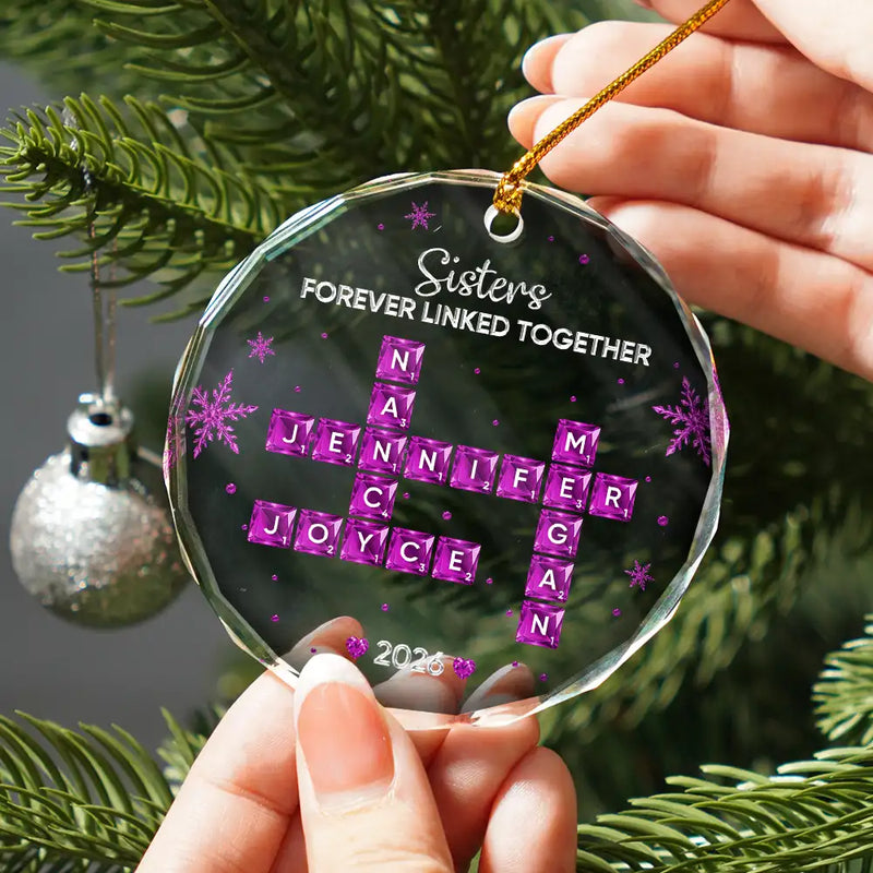 Top Market,Christmas,Gift For Sibling,Cozy,Crossword - Crossword Crystal Effect Brothers & Sisters Forever Linked Together - Personalized Circle Glass Ornament