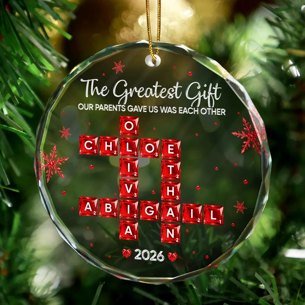 Top Market,Christmas,Gift For Sibling,Cozy,Crossword - Crossword Crystal Effect Brothers & Sisters Forever Linked Together - Personalized Circle Glass Ornament