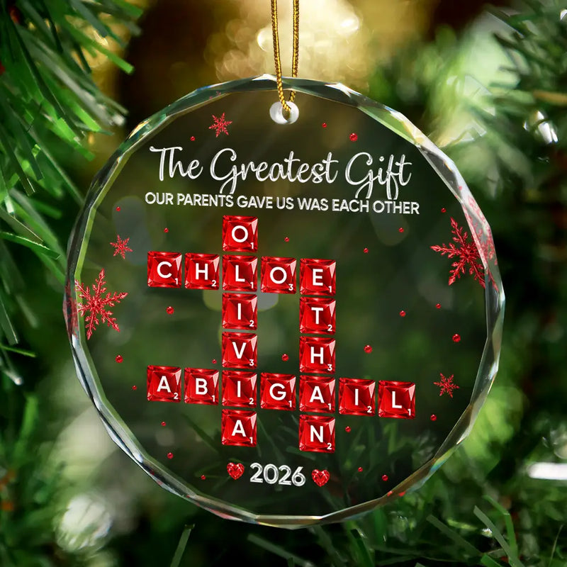 Top Market,Christmas,Gift For Sibling,Cozy,Crossword - Crossword Crystal Effect Brothers & Sisters Forever Linked Together - Personalized Circle Glass Ornament