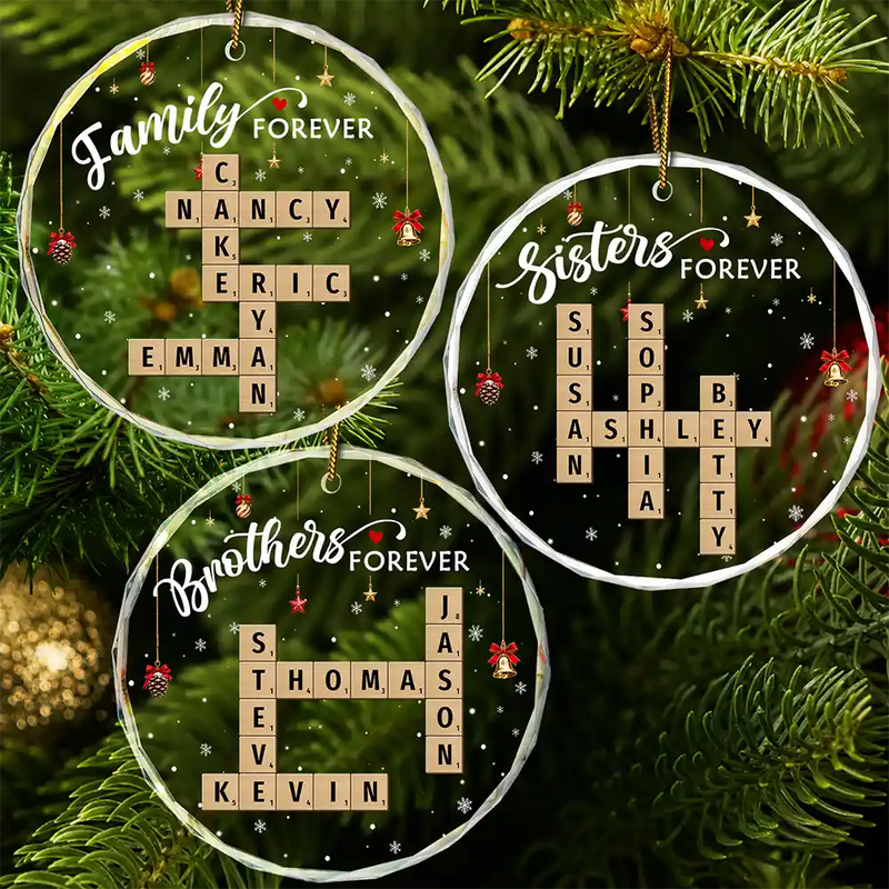 Christmas,Cozy,Family,Crossword - Crossword Family Forever - Personalized Circle Glass Ornament