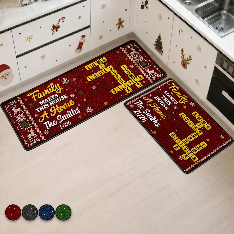 Sentimental,Christmas,Family,Crossword - Crossword Family Makes This House A Home Faux Chenille Effect - Personalized Runner Rug
