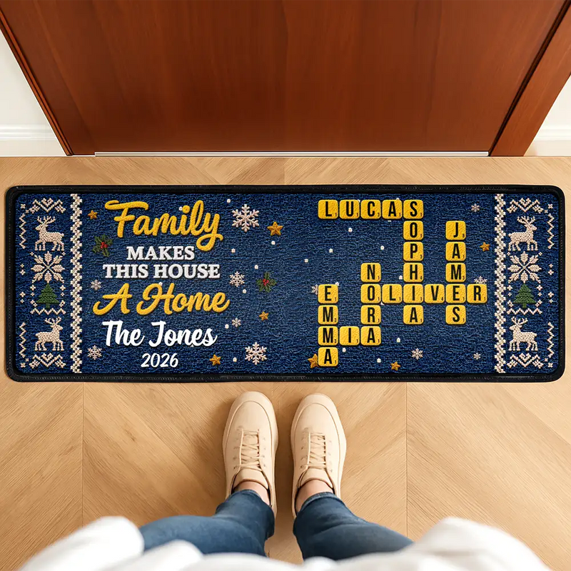 Sentimental,Christmas,Family,Crossword - Crossword Family Makes This House A Home Faux Chenille Effect - Personalized Runner Rug