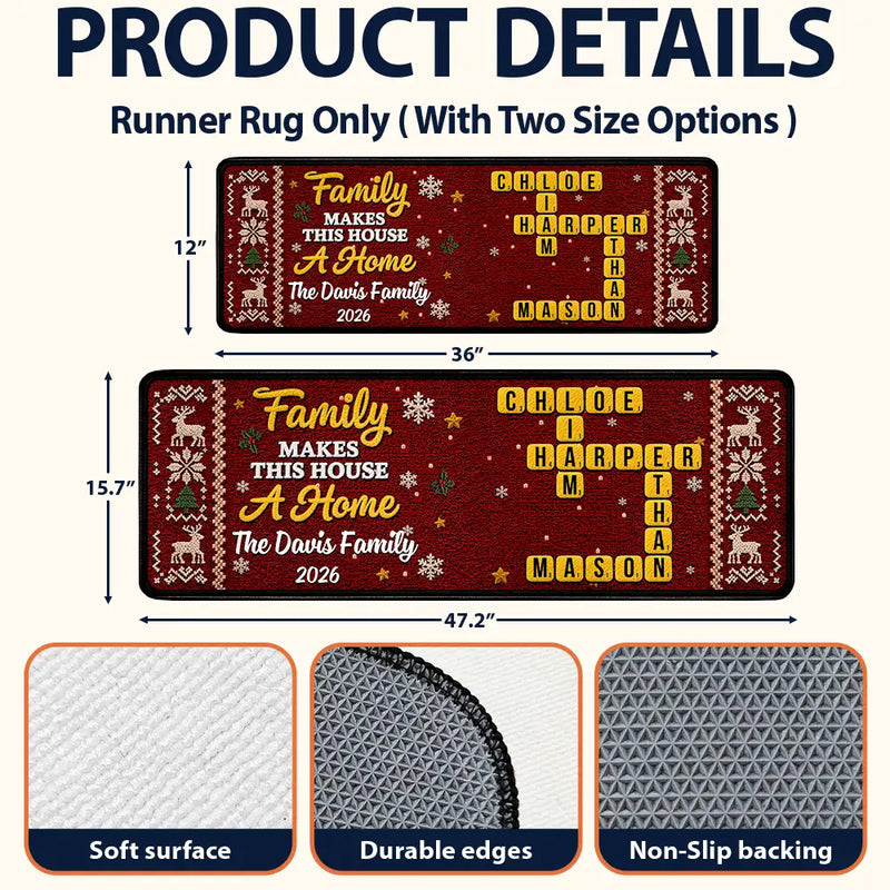 Sentimental,Christmas,Family,Crossword - Crossword Family Makes This House A Home Faux Chenille Effect - Personalized Runner Rug