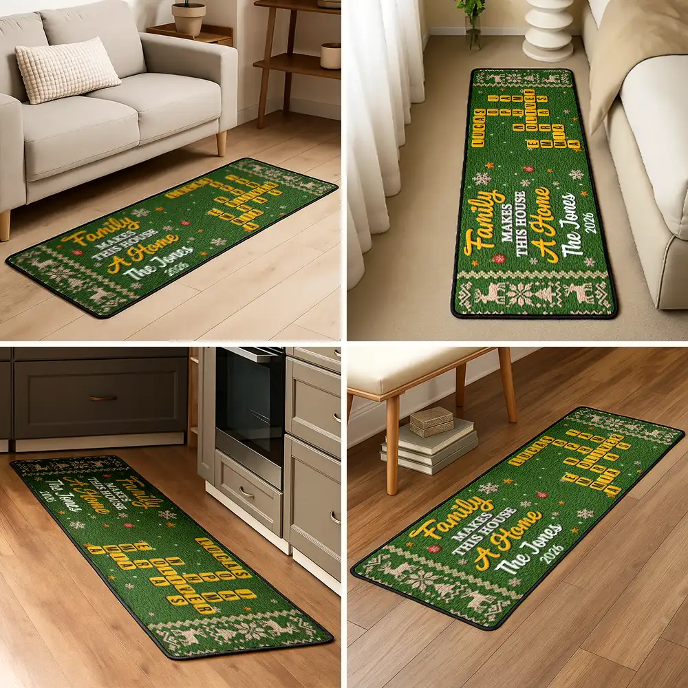 Sentimental,Christmas,Family,Crossword - Crossword Family Makes This House A Home Faux Chenille Effect - Personalized Runner Rug