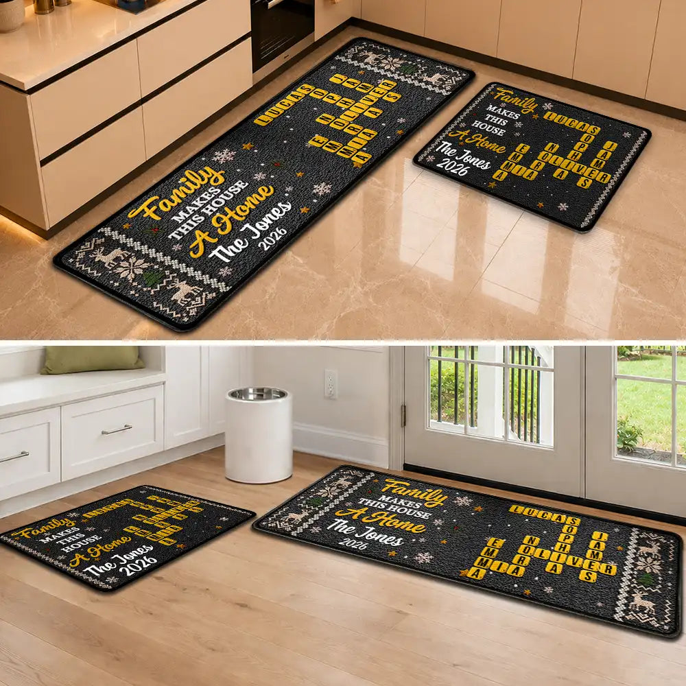 Sentimental,Christmas,Family,Crossword - Crossword Family Makes This House A Home Faux Chenille Effect - Personalized Runner Rug