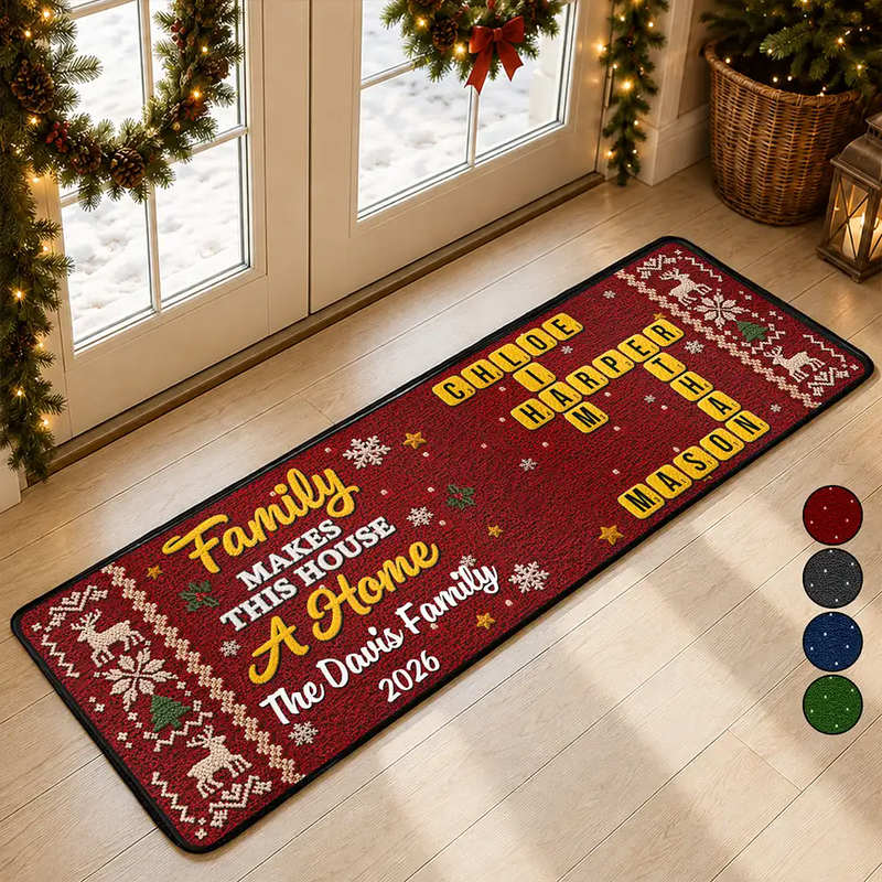 Sentimental,Christmas,Family,Crossword - Crossword Family Makes This House A Home Faux Chenille Effect - Personalized Runner Rug