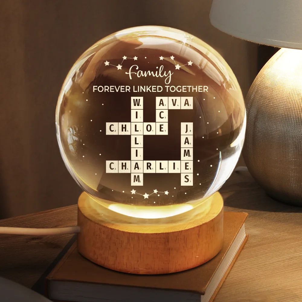 Family - Crossword Family Relationship Forever Linked Together - Personalized Crystal Globe Lamp