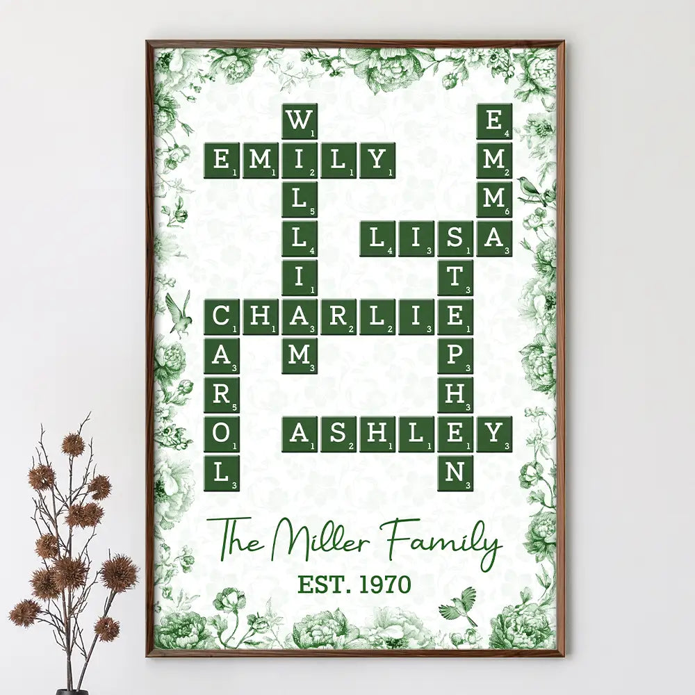 Family,Single Mom,Single Dad,LGBT,Pet Couple,Gift For Women,Gift For Men,Gift For Mother,Gift For Father,Gift For Grandparents,Happy - Crossword Our Family Toile De Jouy - Personalized Poster