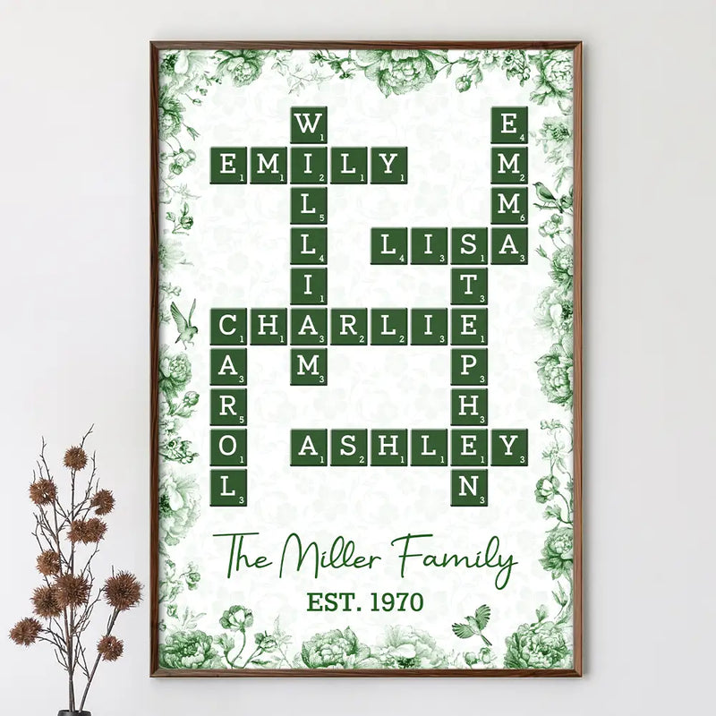 Family,Single Mom,Single Dad,LGBT,Pet Couple,Gift For Women,Gift For Men,Gift For Mother,Gift For Father,Gift For Grandparents,Happy - Crossword Our Family Toile De Jouy - Personalized Poster